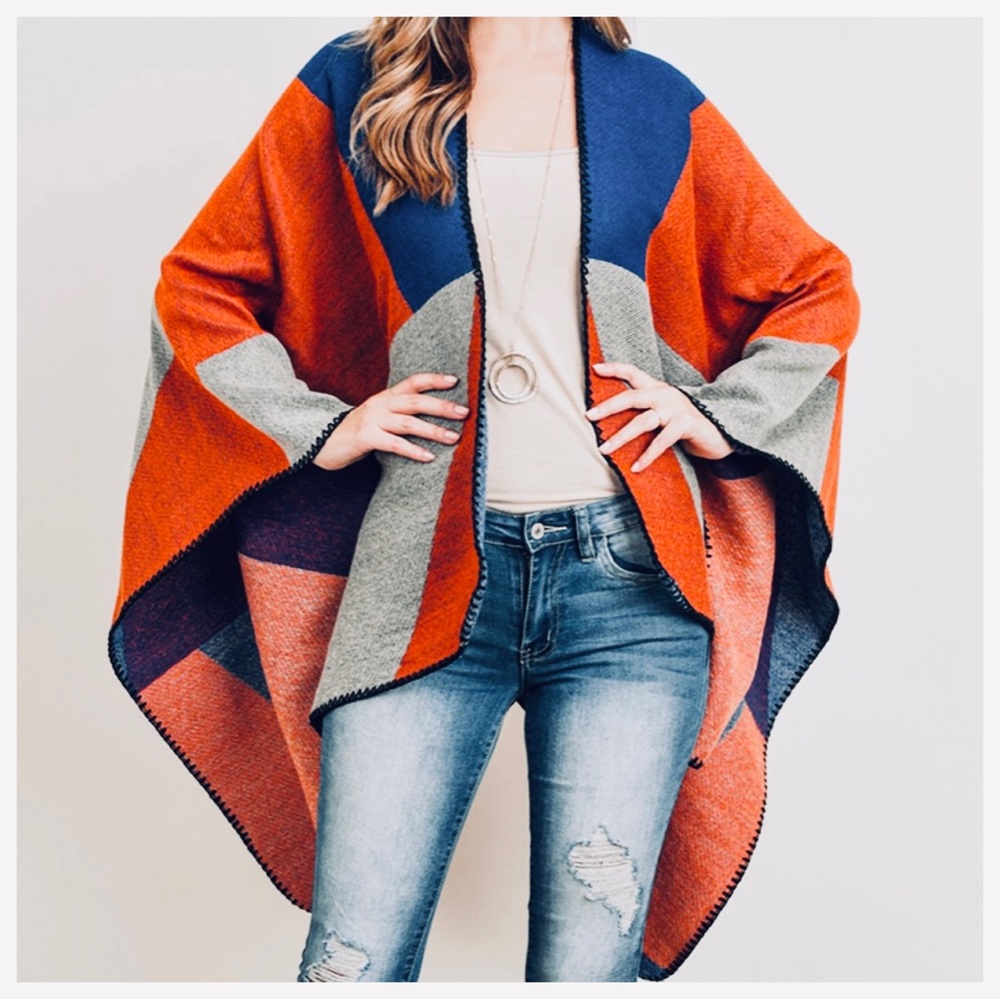Fall/Winter Oversized Color Block Boho Poncho Shawl - Picture 4 of 5